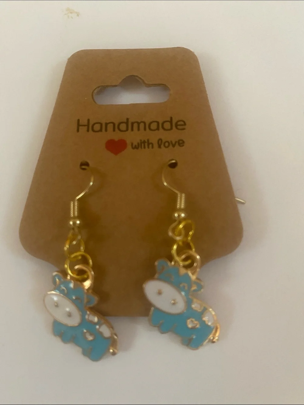Handmade Kids Gold-Tone Blue Cow Dangle Earrings